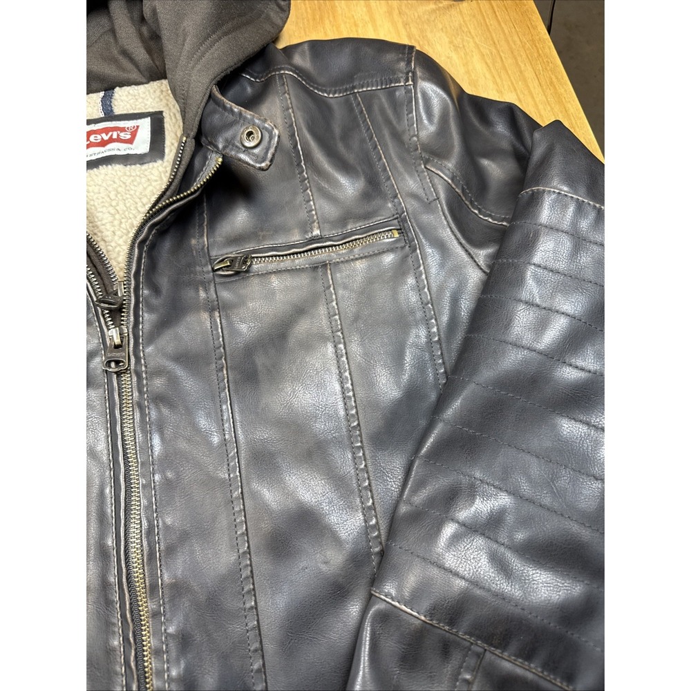 Levi's Men's Black Faux Leather Hooded Jacket Zip Front Coat Sz Large Biker - Picture 6 of 16